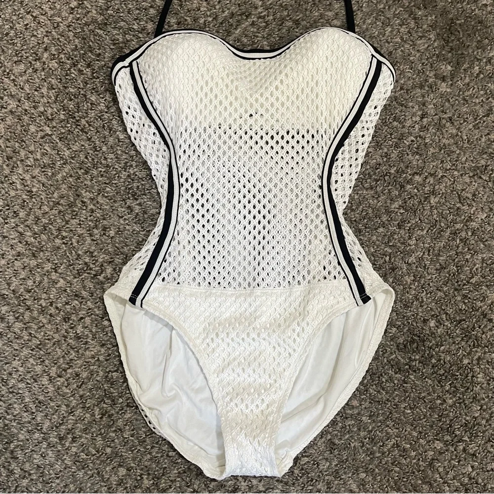 Robin Picone White Cameron Crochet Mesh One‎ Piece Bathing Suit Size 10
